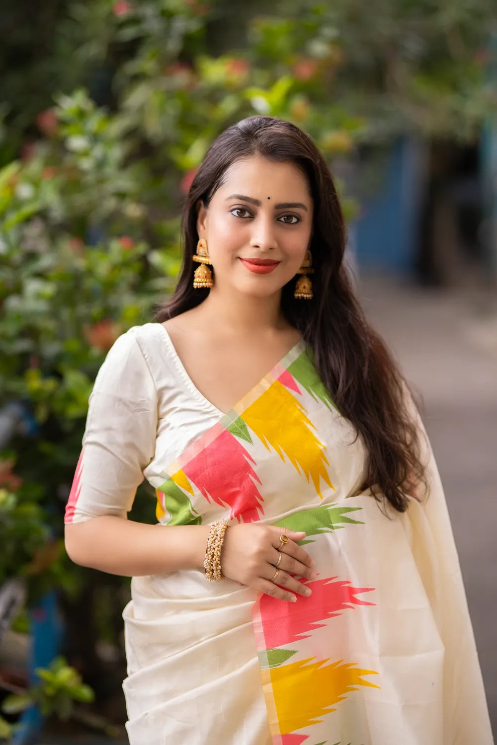 Soft Silk Handwoven Saree – Multicolour Temple Design with Zari Pallu & Tassels